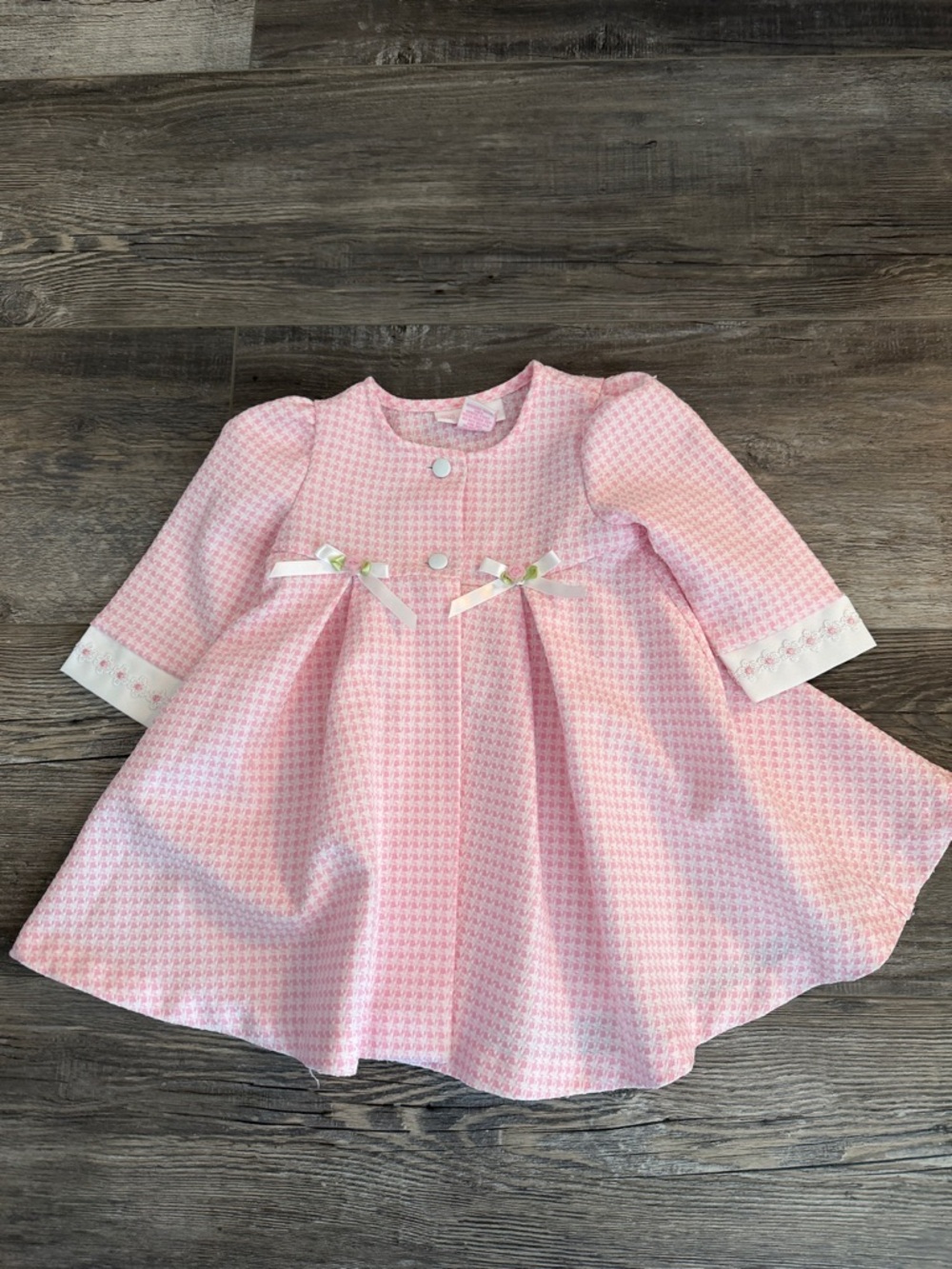 Bonnie Baby Pink Houndstooth Pleated Dress with Ribbon Bows